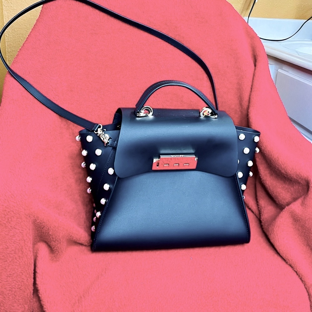 Zac Posen Black and Gold Structured Satchel with Pearl Accents & Dust Bag - Picture 3 of 10